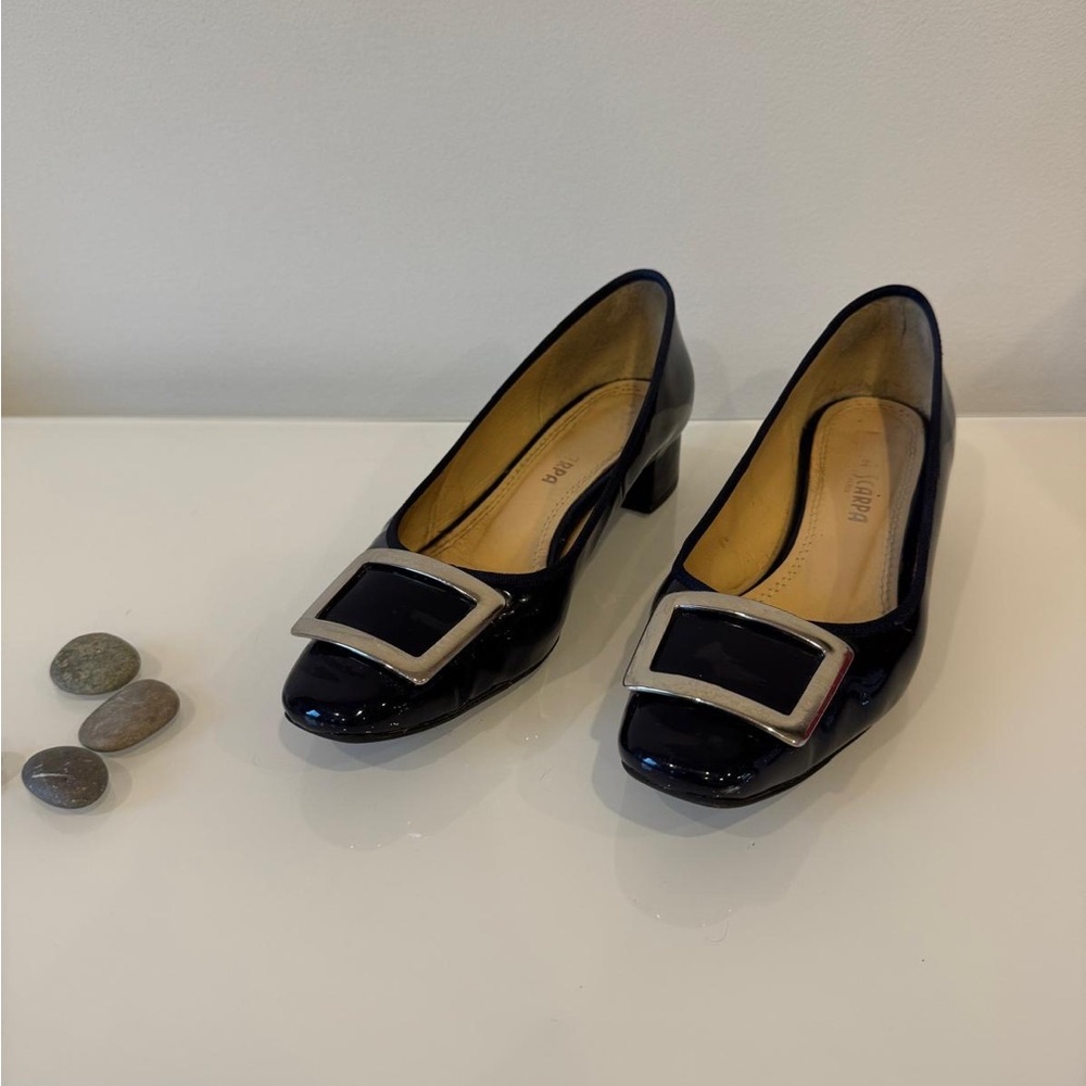 Black and Silver Heels with Decorative Buckle
